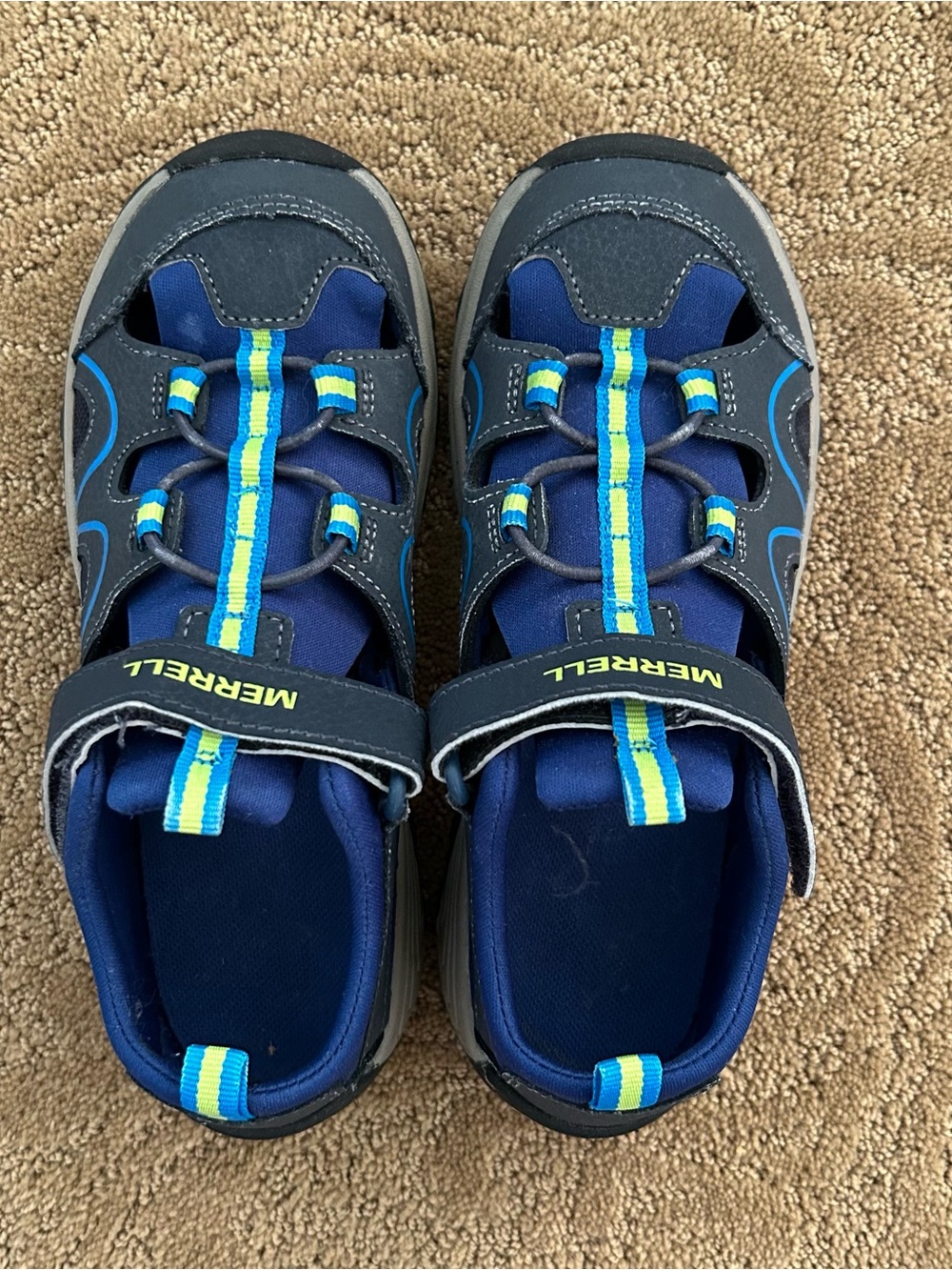 Merrell Kids Navy and Bright Blue Sport Sandal with Lime Accents